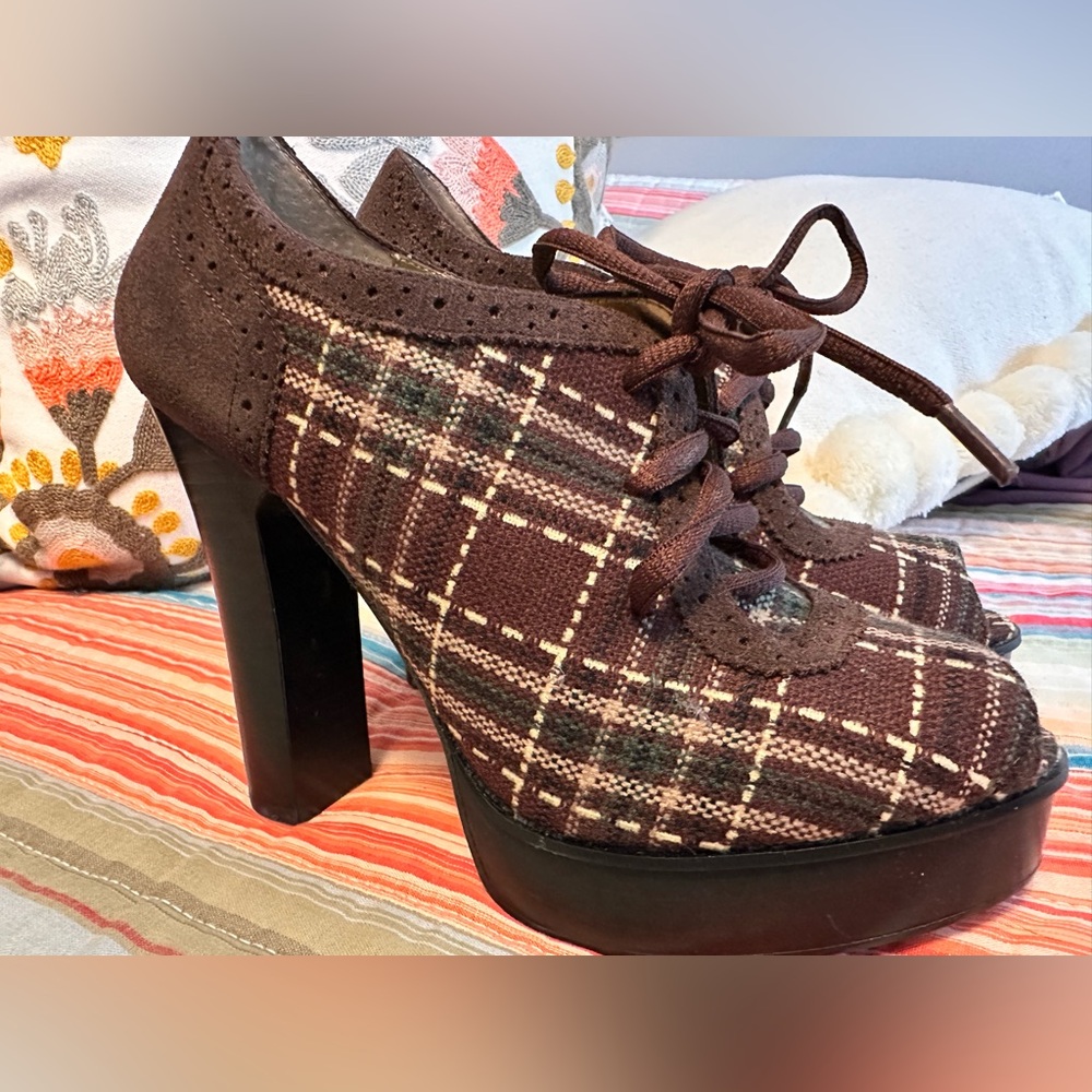 Vintage Y2K Brown Platform Tartan Plaid Platform Lace Up Heels